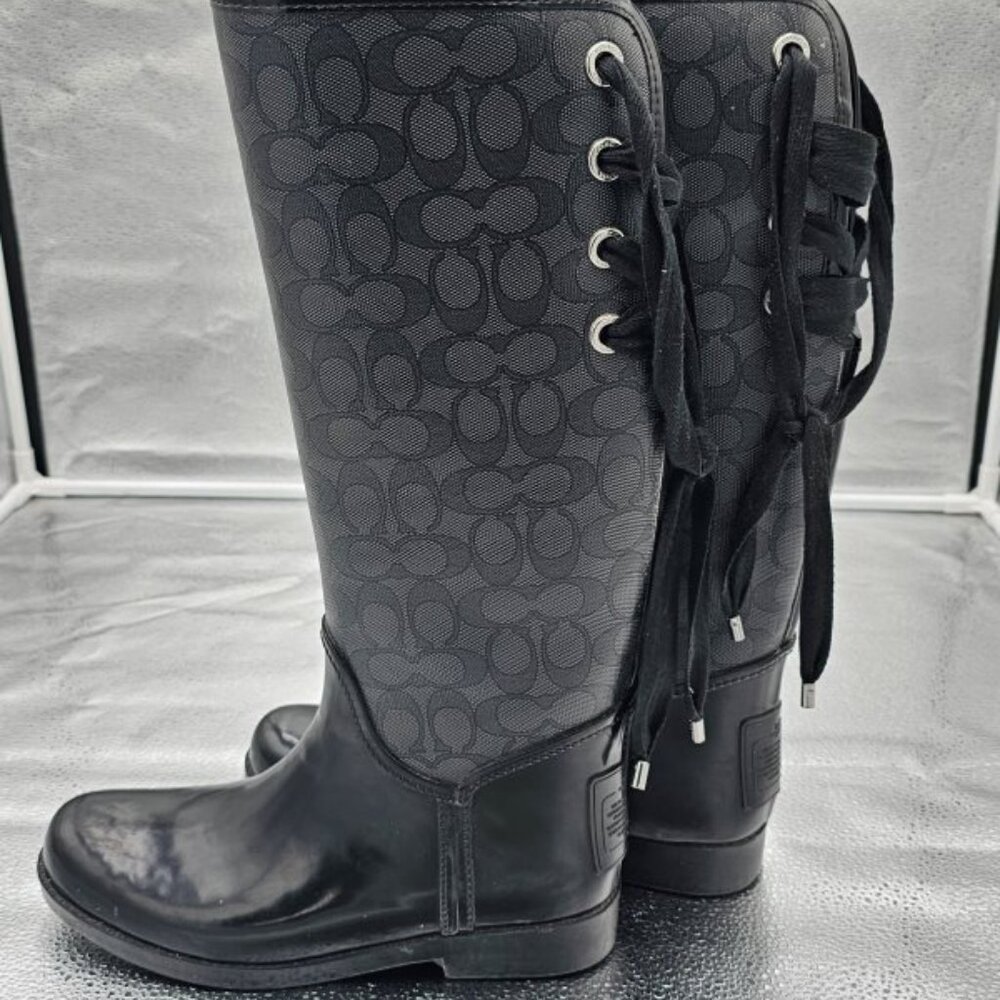 COACH Tristee Waterproof Rain Boots Lace Corset Monogram Logo Tall Black 9 B - Picture 9 of 9